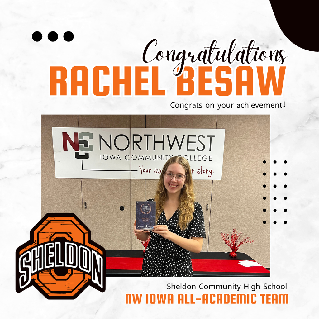 Congratulations to Rachel Besaw on your outstanding achievements and well-deserved recognition! Rachel has earned an impressive list of honors, including being named a Governor’s Scholar, selected to the NW Iowa All-Academic Team, and receiving KCAU Best of the Class honors. We are incredibly proud of Rachel and all she has accomplished during her high school career. We wish her all the best as she continues her journey beyond high school and know she has a bright future ahead.