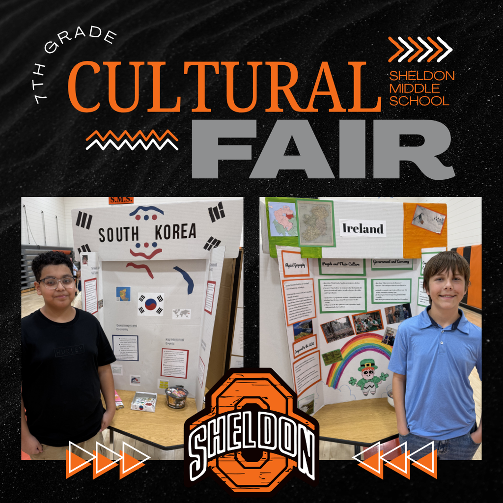 Sheldon Middle School 7th graders did an outstanding job at the Cultural Fair! Students worked hard researching countries from around the world and proudly presented what they studied and learned. From traditions and landmarks to food, history, and culture, each presentation showcased creativity, knowledge, and effort. Great job to all of our students for sharing and celebrating the diversity of cultures from around the globe! Way to go Orabs!