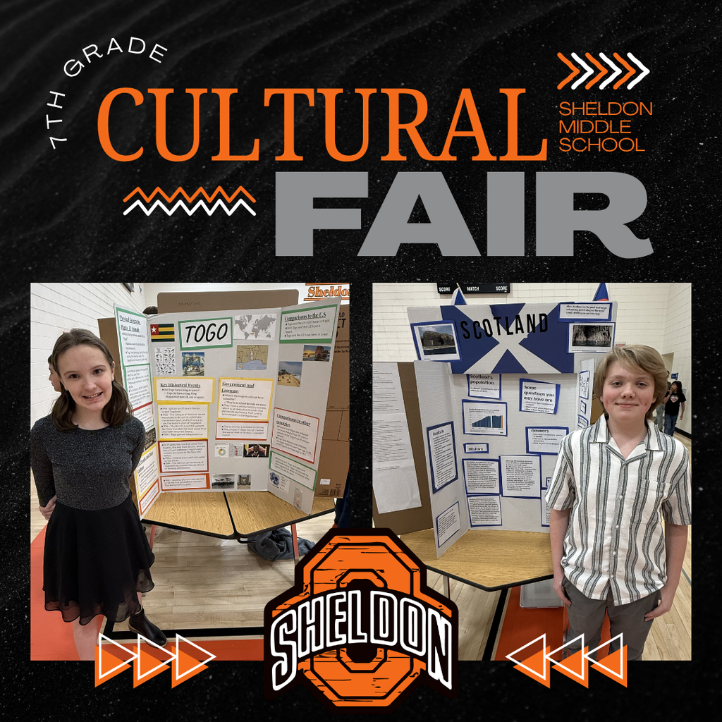 Sheldon Middle School 7th graders did an outstanding job at the Cultural Fair! Students worked hard researching countries from around the world and proudly presented what they studied and learned. From traditions and landmarks to food, history, and culture, each presentation showcased creativity, knowledge, and effort. Great job to all of our students for sharing and celebrating the diversity of cultures from around the globe! Way to go Orabs!