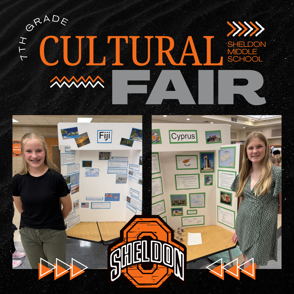 Sheldon Middle School 7th graders did an outstanding job at the Cultural Fair! Students worked hard researching countries from around the world and proudly presented what they studied and learned. From traditions and landmarks to food, history, and culture, each presentation showcased creativity, knowledge, and effort. Great job to all of our students for sharing and celebrating the diversity of cultures from around the globe! Way to go Orabs!