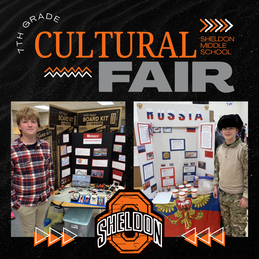Sheldon Middle School 7th graders did an outstanding job at the Cultural Fair! Students worked hard researching countries from around the world and proudly presented what they studied and learned. From traditions and landmarks to food, history, and culture, each presentation showcased creativity, knowledge, and effort. Great job to all of our students for sharing and celebrating the diversity of cultures from around the globe! Way to go Orabs!