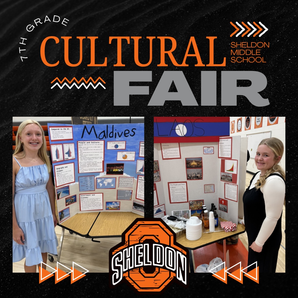Sheldon Middle School 7th graders did an outstanding job at the Cultural Fair! Students worked hard researching countries from around the world and proudly presented what they studied and learned. From traditions and landmarks to food, history, and culture, each presentation showcased creativity, knowledge, and effort. Great job to all of our students for sharing and celebrating the diversity of cultures from around the globe! Way to go Orabs!