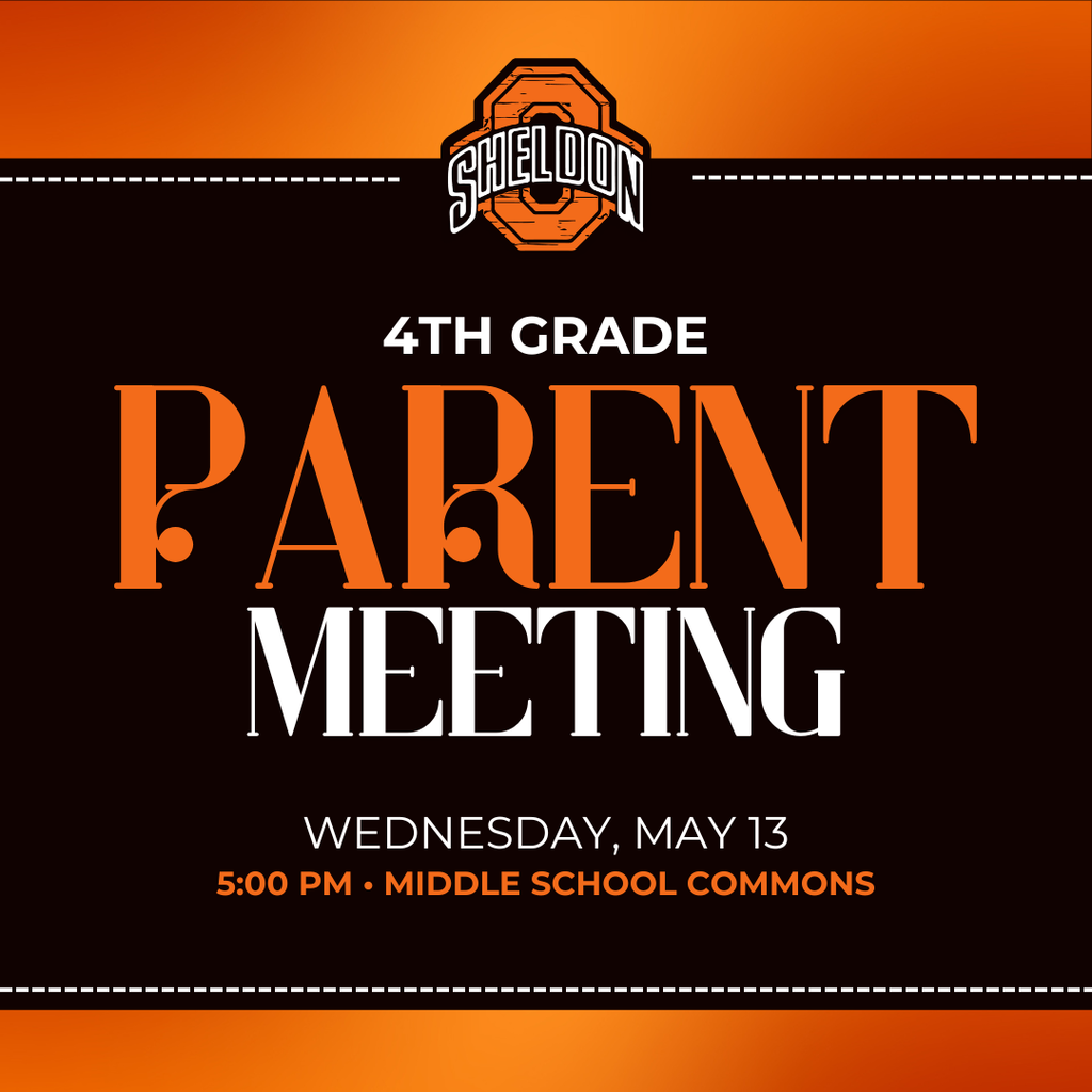 ATTENTION 4TH GRADE FAMILIES! Sheldon Middle School is hosting a Parent Meeting for students entering 5th grade for the 2026-27 school year. 📅 Wednesday, May 13 ⏰ 5:00 pm 📍 Sheldon Middle School Commons This meeting is a great opportunity for parents and guardians to learn more about the transition to middle school, meet staff members, hear about expectations and opportunities, and ask questions about the upcoming school year. We look forward to welcoming our future middle school students and helping make the transition an exciting and successful experience!