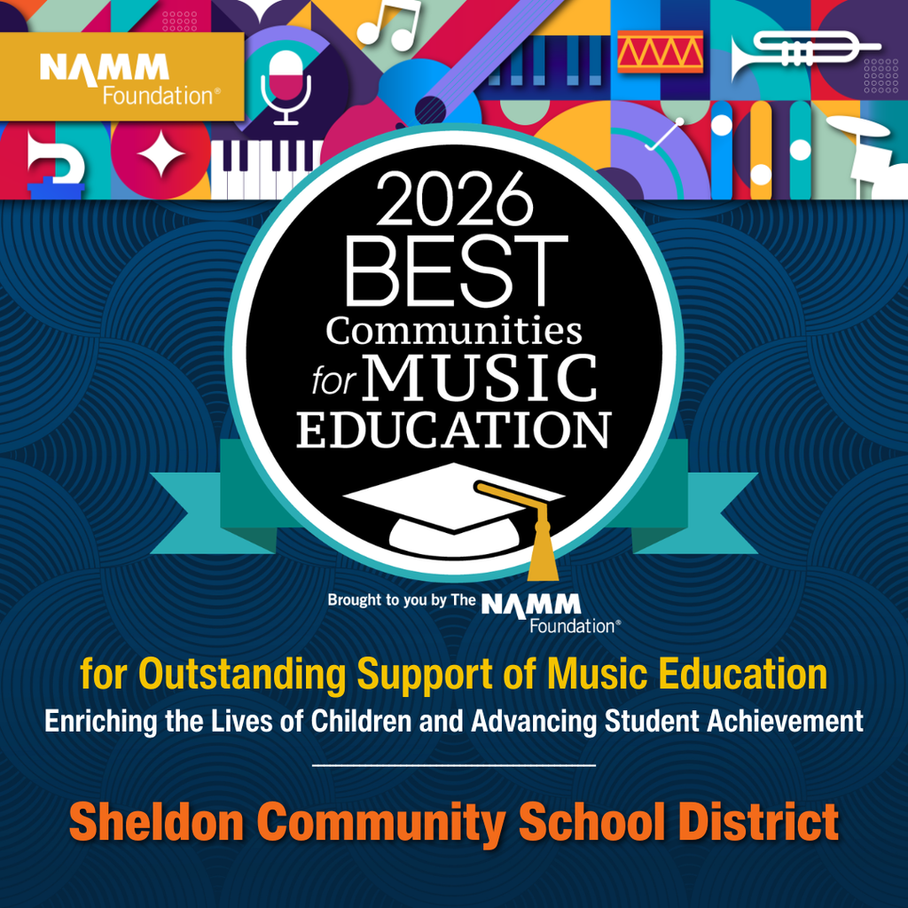 The Sheldon Community School District is proud to announce that we have been recognized with the Best Communities for Music Education Award from The NAMM Foundation! This national honor celebrates our district’s outstanding support and commitment to providing high-quality music education opportunities for students. This achievement reflects the dedication of our talented music teachers, supportive families, school staff, administrators, and students who make music an important part of the Sheldon school experience. From classroom performances to concerts, competitions, and extracurricular programs, music continues to inspire creativity, teamwork, and excellence throughout our district. Congratulations to our entire Sheldon Community School District music program on this outstanding recognition! Way to go Orabs!