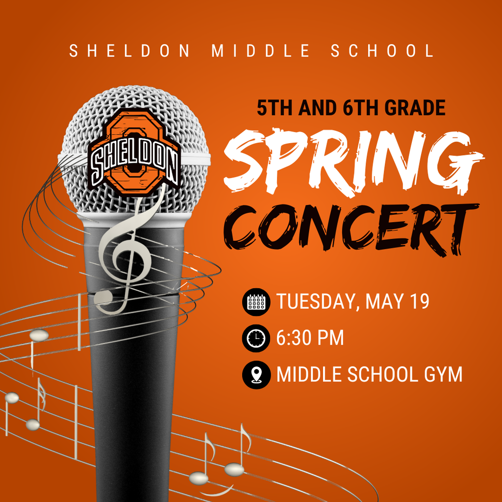 Sheldon Middle School 5th & 6th Band and Choir Spring Concert is tomorrow! Our talented students have been working hard to prepare a fantastic performance, and they’re excited to share it. Come out, support our students, and experience a night filled with music, dedication, and Orab pride. Let’s go Orabs! 📅 Tuesday, May 19 ⏰ 6:30 pm 📍 Sheldon Middle School Gym