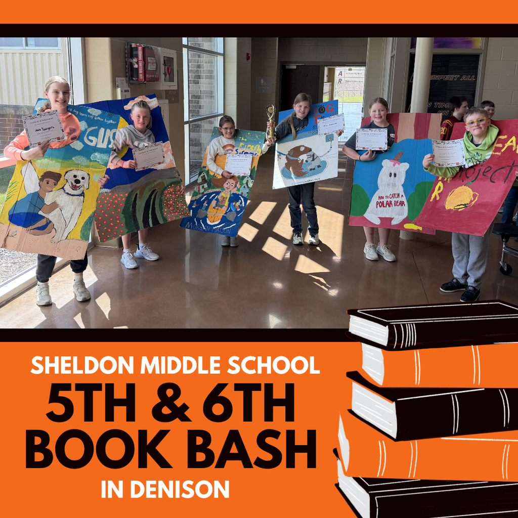 Sheldon Middle School 5th and 6th grade students traveled to Denison to participate in Book Bash! Students read a list of selected books ahead of time and then teamed up to answer questions based on their reading. A big thank you to Wil George and Christie Seivert for taking the students to the event. In Sheldon’s first year attending, the Orabs came home with a trophy — congratulations on an outstanding job! Way to go Orabs!