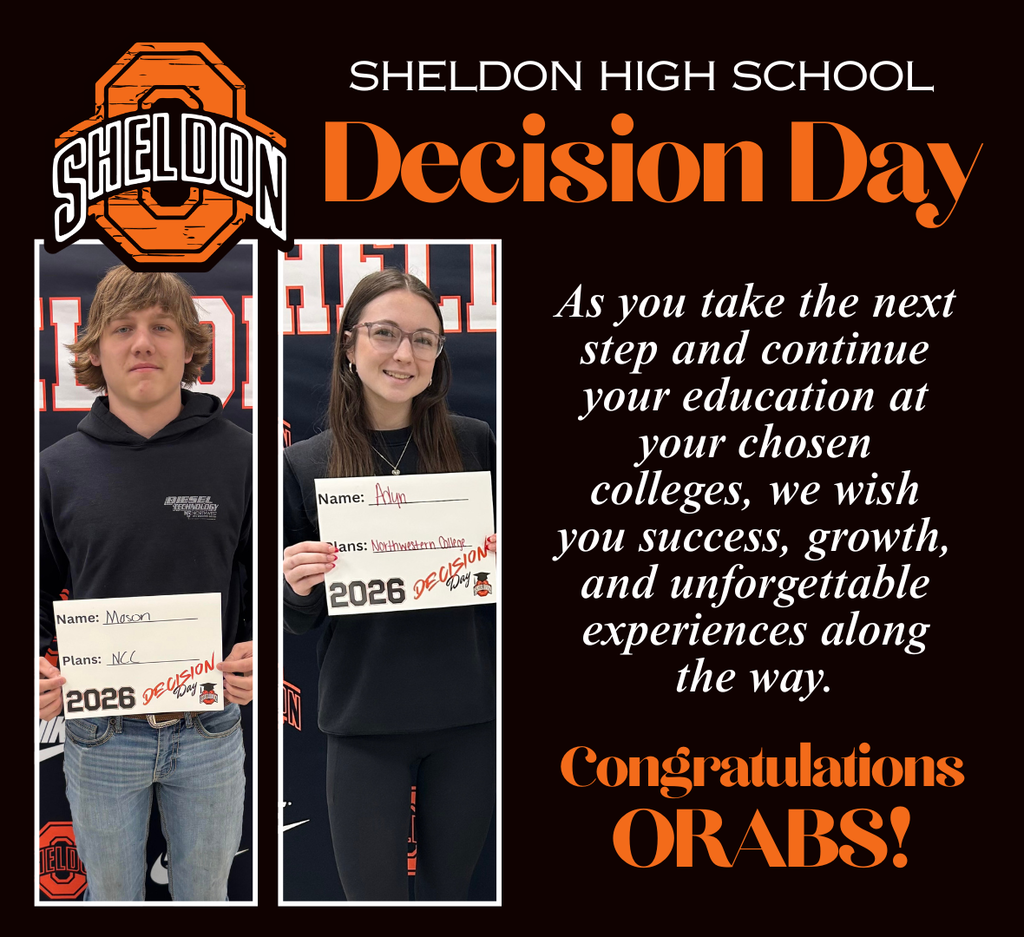 Sheldon High School recently celebrated Decision Day. Our Orab seniors proudly displayed the colleges and universities they have chosen to attend next school year! It was exciting to see students recognized for their hard work and future plans as they prepare for the next chapter of their journeys. We are proud of the Class of 2026 and wish each student the very best as they begin this exciting new adventure! Way to go Orabs!