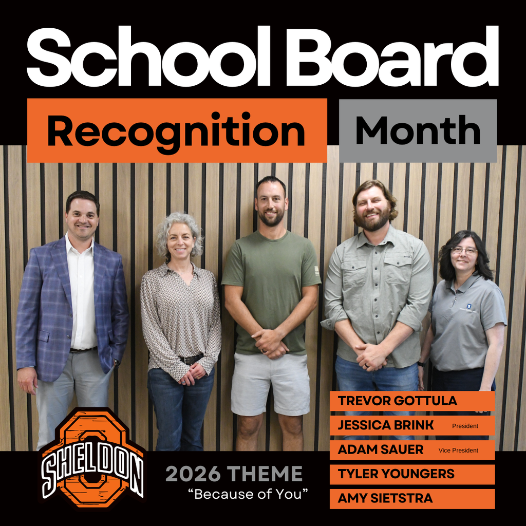 May is School Board Recognition Month, and this year’s theme is “Because of You.” Because of our dedicated school board members, students have the tools and opportunities they need to succeed. Thank you to Trevor Gottula, President Jessica Brink, Vice President Adam Sauer, Tyler Youngers, and Amy Sietstra for your leadership, guidance, and commitment to our schools and community!
