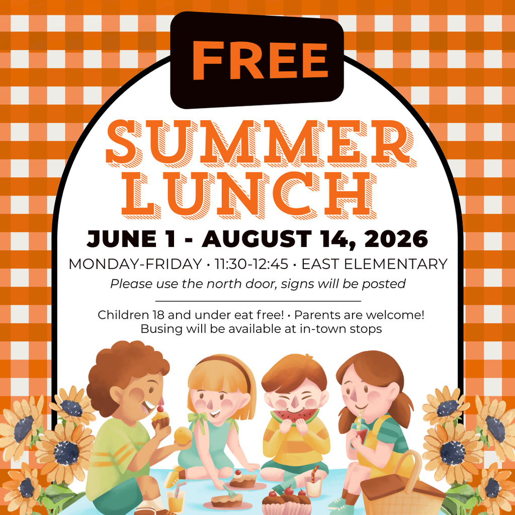 FREE SUMMER LUNCH PROGRAM STARTS MONDAY! The Sheldon Community School District Summer Lunch Program will be available Monday through Friday at East Elementary. This program helps ensure all children have access to a nutritious meal during the summer months in a safe and welcoming environment and parents are always welcome! This program is free for children 18 and under and parents are welcome to join. It runs Monday-Friday from 11:30am-12:45pm. Bus pick up is available.