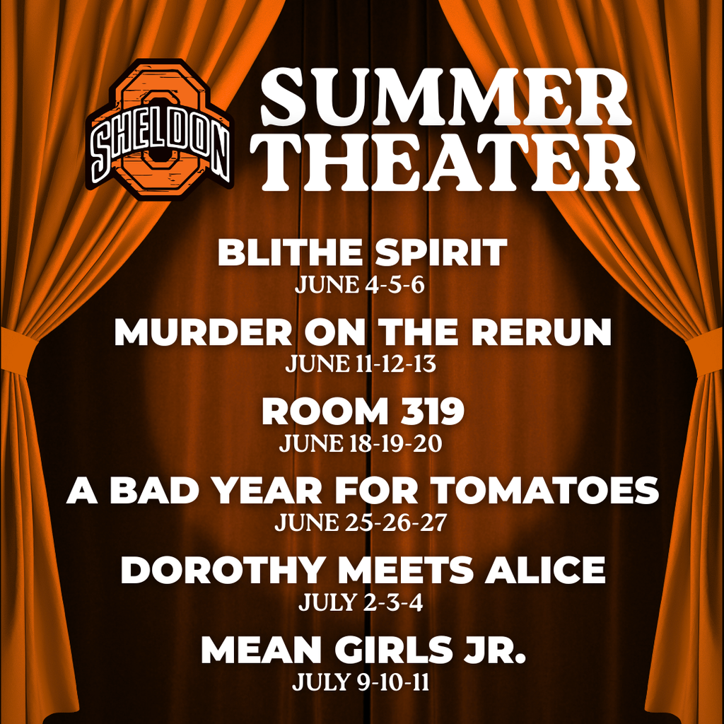 Sheldon Summer Theater shows begin next weekend! Our cast and crew have been working hard to prepare for an exciting performance season, and we can’t wait for you to join us for six great shows. All shows are at 7pm in the Sheldon High School Auditorium. The show on Sunday, July 4 is at 2pm. Here is this year’s lineup.