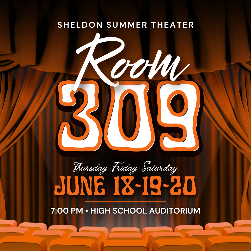 Sheldon Summer Theater's production of "Room 309" starts this Thursday! Join us for a comedic coming-of-age story and "whodunit" ghost. It explores the clashing personalities and old grudges of three college roommates as they try to navigate dorm life and solve a murder.  Our talented cast and crew have been working hard to bring this play to life, and they can't wait to share it with the community. We hope you'll come out and support these amazing performers at another great summer theater production!  Reminder, tickets must be purchased through bound: https://www.gobound.com/ia/schools/sheldon/tickets