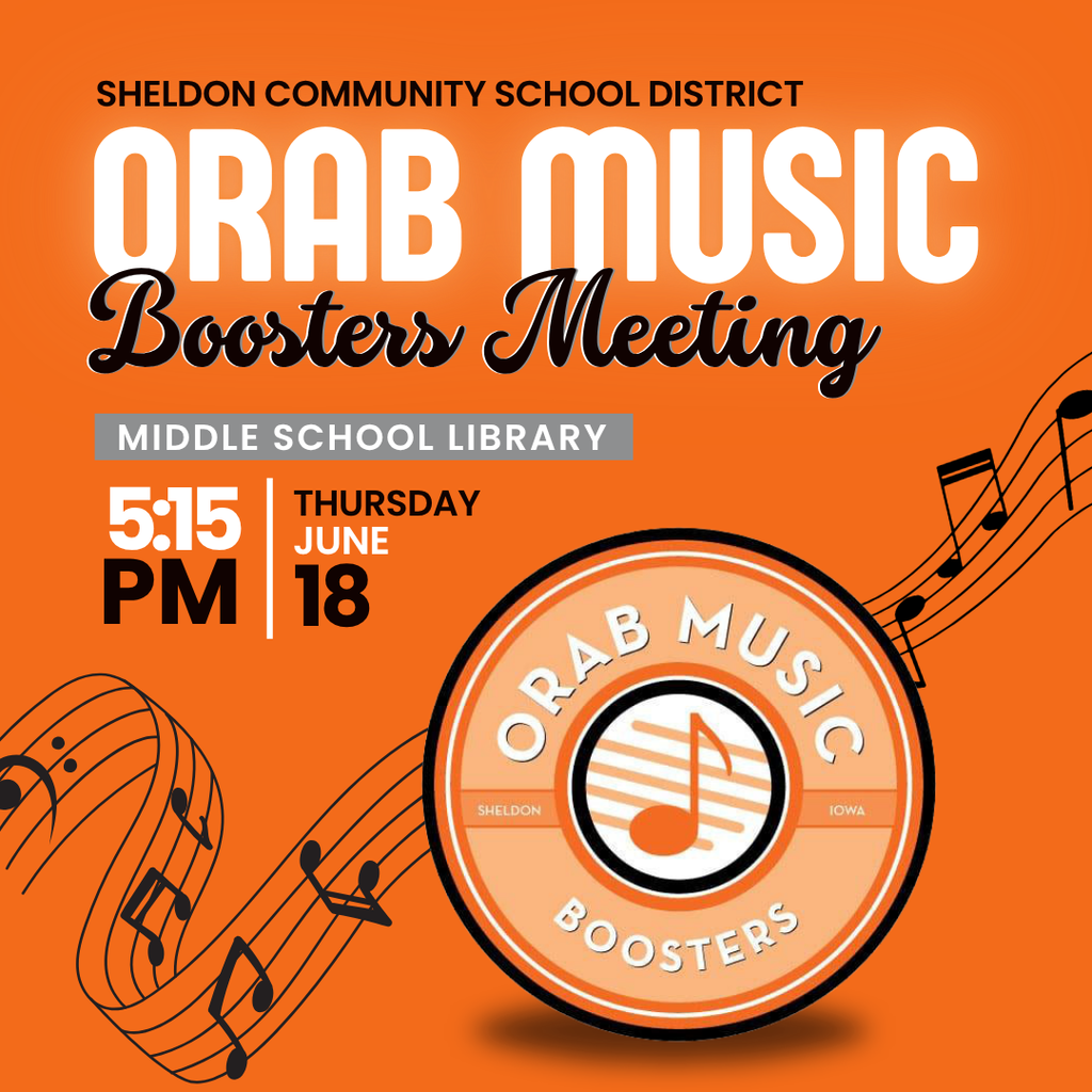 The Orab Music Booster Club will be meeting tomorrow! We encourage all parents and supporters of Sheldon music students to attend. It’s a great way to stay informed, get involved, and continue supporting our amazing music programs. We hope to see you there!  📅 Thursday, June 18 ⏰ 5:15 pm 📍 Sheldon Middle School Library
