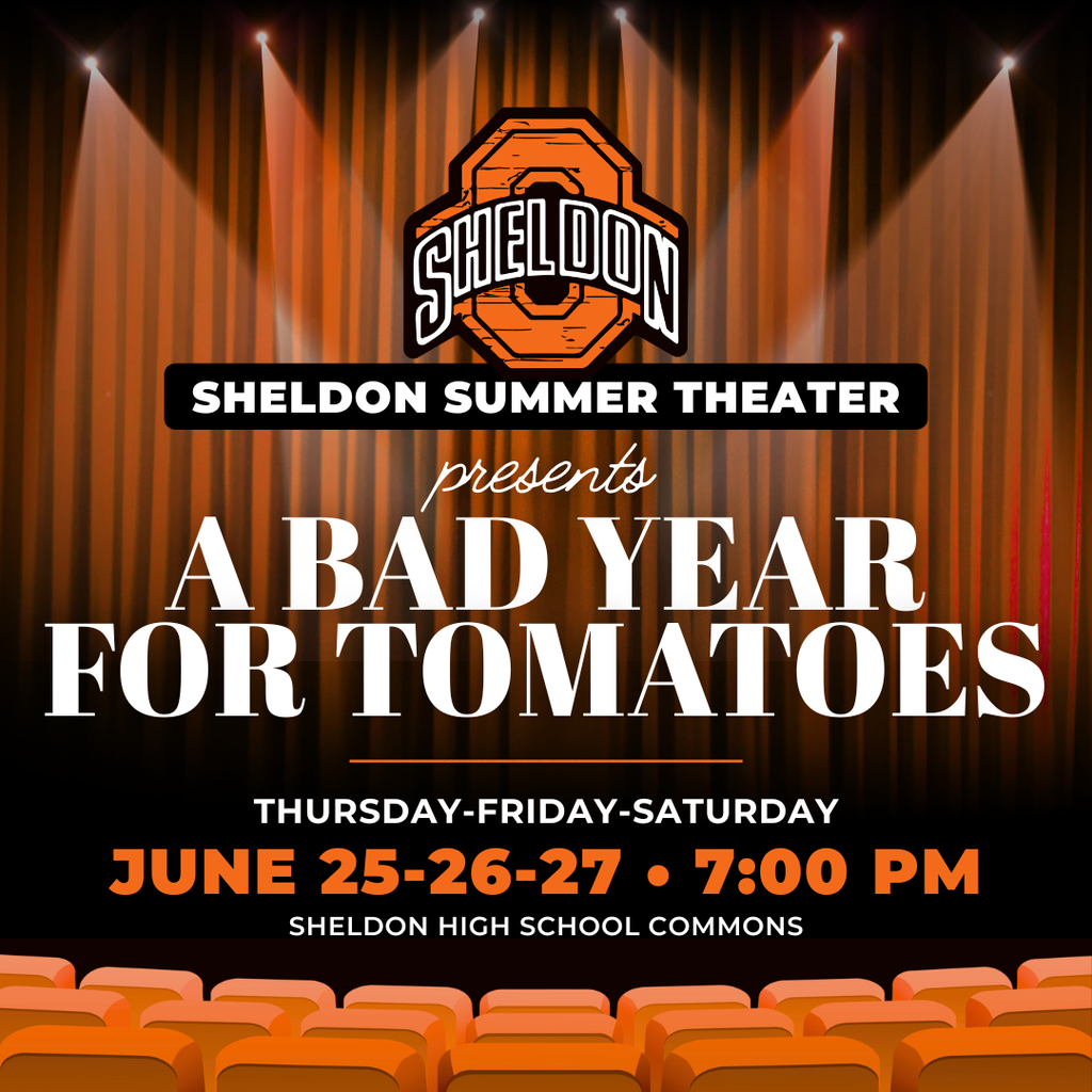 Sheldon Summer Theater's production of "A Bad Year for Tomatoes" starts this Thursday! This play follows a famous actress who moves to a quiet New England town to write her autobiography. When nosy neighbors won't leave her alone, she invents an imaginary, homicidal sister to scare them away, sparking a web of chaotic and hilarious consequences. Our talented cast and crew have been working hard to bring this play to life, and they can't wait to share it with the community. We hope you'll come out and support these amazing performers at another great summer theater production! Tickets can be purchased at the door or online through bound: https://www.gobound.com/ia/schools/sheldon/tickets