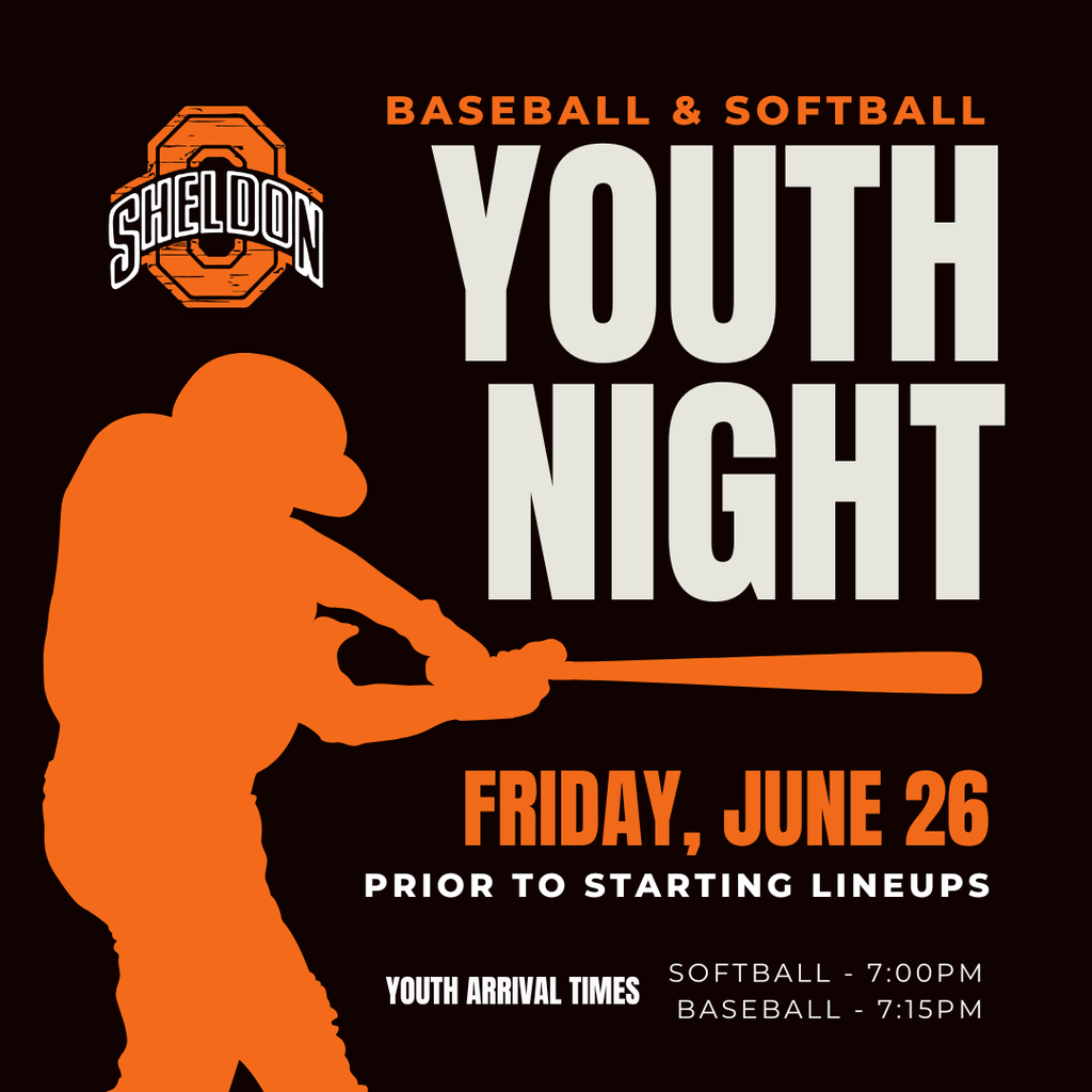 Youth Baseball & Softball Night is tomorrow night! Join us Friday, June 26 as the Sheldon Orabs take on Western for Youth Baseball & Softball Night!  All Sheldon youth baseball and softball players are invited to attend FREE by wearing their Sheldon Rec uniform. Players should meet by the dugout after warmups for a special opportunity to run onto the field with the team during starting lineups.  Come out to Orab Field, show your Orab pride, and help cheer on the team. We can't wait to see our future Orabs on the field!
