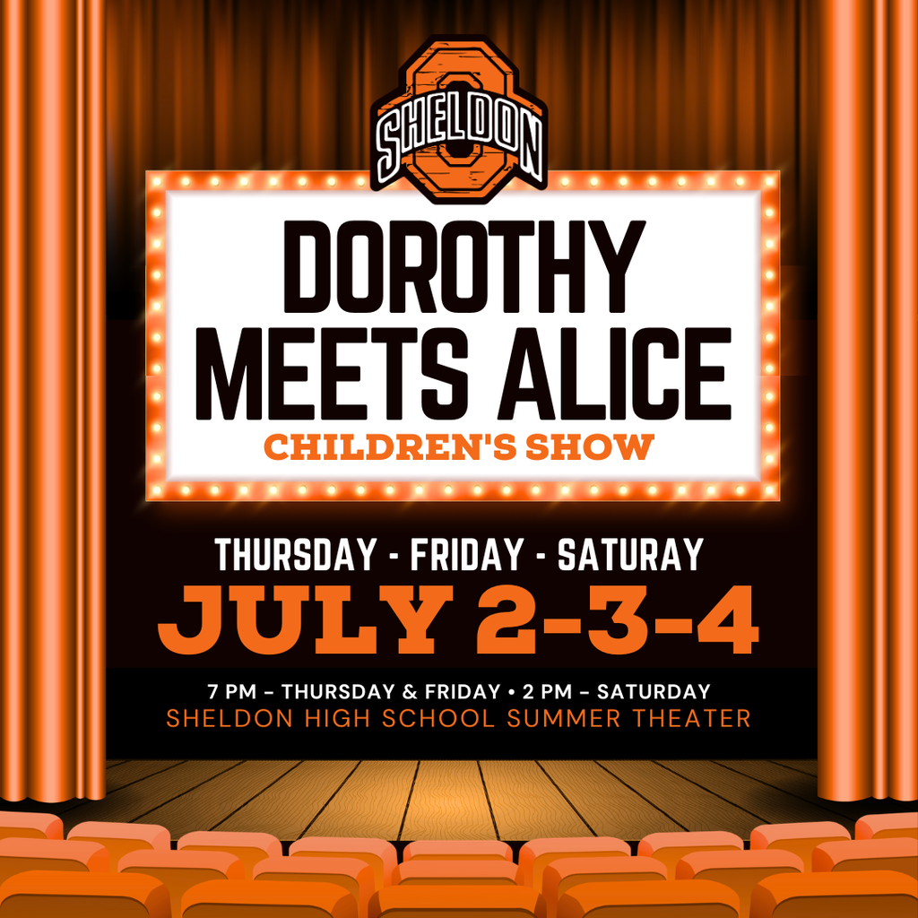 Sheldon Summer Theater's production of "Dorothy Meets Alice" starts this Thursday! This children's play revolves around a procrastinating student who falls asleep while doing a book report and finds himself in a magical realm between Oz and Wonderland. Our talented cast and crew have been working hard to bring this play to life, and they can't wait to share it with the community. We hope you'll come out and support these amazing performers at another great summer theater production! Tickets can be purchased at the door or online through bound: https://www.gobound.com/ia/schools/sheldon/tickets