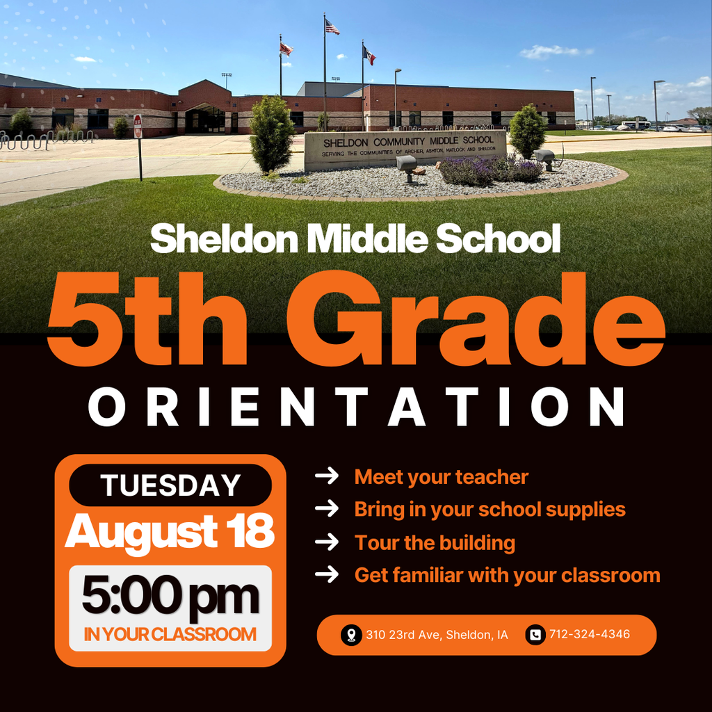 5th Grade Back-to-School Orientation Students and parents will report to their assigned homeroom classroom for an informative session with their teacher. The meeting will last approximately one hour and will begin promptly at 5pm. 📅 Tuesday, August 18 ⏰ 5:00 pm 📍 Sheldon Middle School This event is intended for 5th grade students and their parents/guardians only. The session is designed specifically for our incoming 5th graders. We look forward to seeing everyone and kicking off a great school year! Let's go Orabs!
