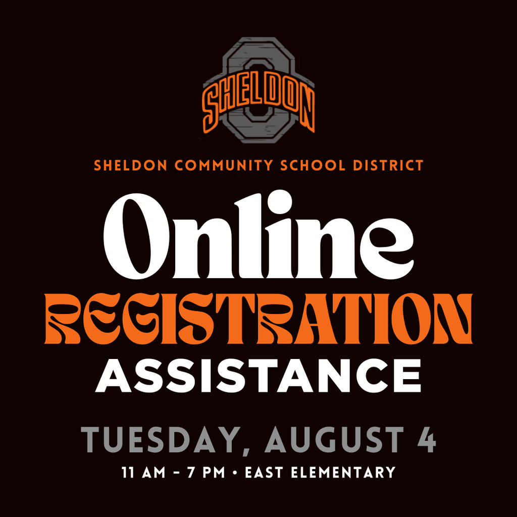 Online registration is open now until August 8!  https://www.sheldonschools.com/page/registration  Assistance with online registration is available at East Elementary for anyone who needs help completing the process. Spanish translators will be available.  📅 Tuesday, August 4 ⏰ 11 am - 7 pm 📍 East Elementary, 501 Normal College Ave