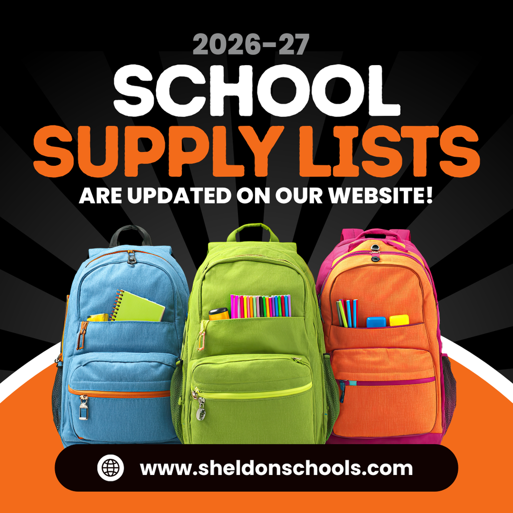The Sheldon Community School District 2026–2027 school supply lists have been updated and are now available on our website!  Take a look and get a head start on back-to-school shopping so you're ready for a great first day. We can't wait to welcome our students back for another fantastic school year!  Go to: www.sheldonschools.com Click the Parents tab and find each school's supply list!