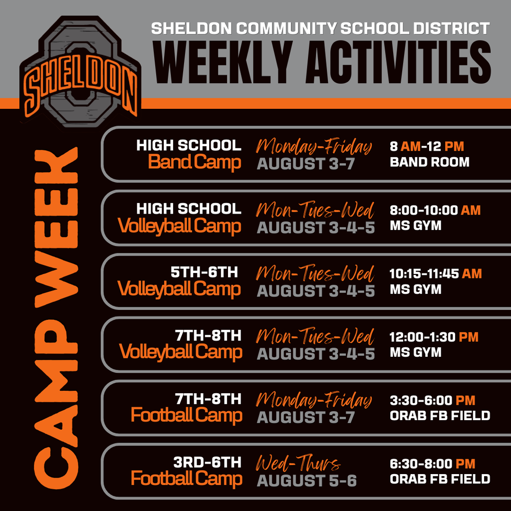 Sheldon Community School District's band, football, and volleyball camps kick off next week, giving our students the opportunity to sharpen their skills, build confidence, and prepare for an exciting fall season. Best of luck to all of our campers, coaches, and directors—we can't wait to see all your hard work pay off this fall! Let's go Orabs!