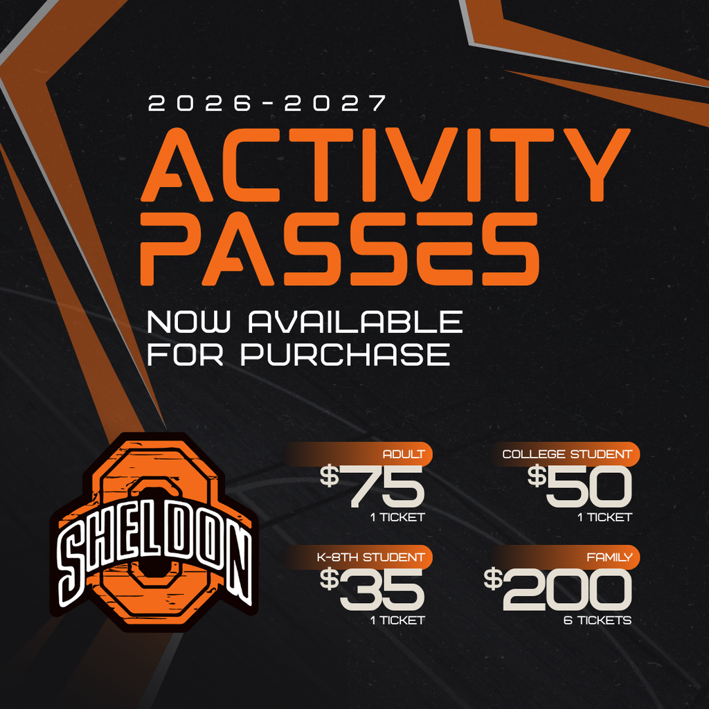 2026-27 Sheldon Community School District Activity Passes Are Now Available! Get ready to cheer on the Orabs all year long! We can't wait to see our fans filling the stands and supporting our students throughout another exciting year of Orab athletics and activities! **REMINDER: All Sheldon High School students will receive a FREE activity pass for the 2026-27 school year. Purchase your activity pass today using the link below. ⬇️ https://www.gobound.com/ia/schools/sheldon/tickets