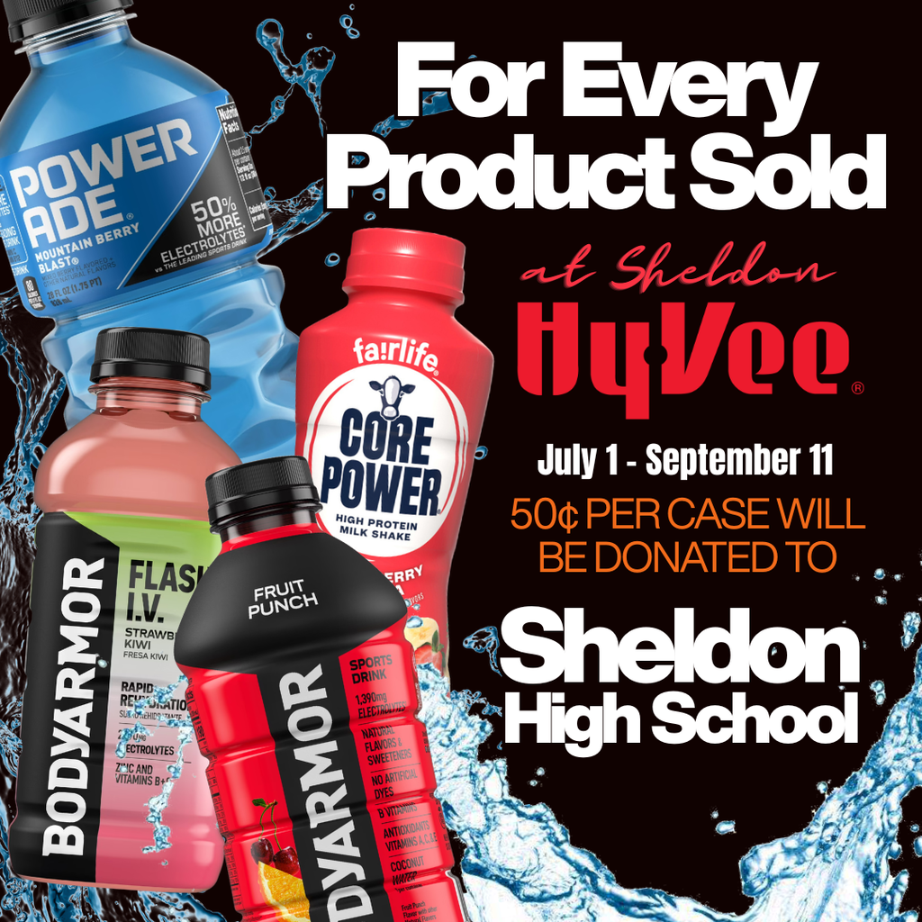 Support Sheldon High School and stay hydrated while you shop at Sheldon Hy-Vee! From July 1 through September 11, purchase any Powerade, Core Power, or BODYARMOR products at Sheldon Hy-Vee, and 50¢ from every case sold will be donated to Sheldon High School. Stock up on your favorite sports drinks, support our students, and help make a difference—one case at a time! Thank you to Sheldon Hy-Vee for supporting Sheldon High School and our students! #leadon #orabs #sheldonorabs #orabnation #sheldoncommunityschooldistrict #sheldonhighschool #fundraiser #supportourschools