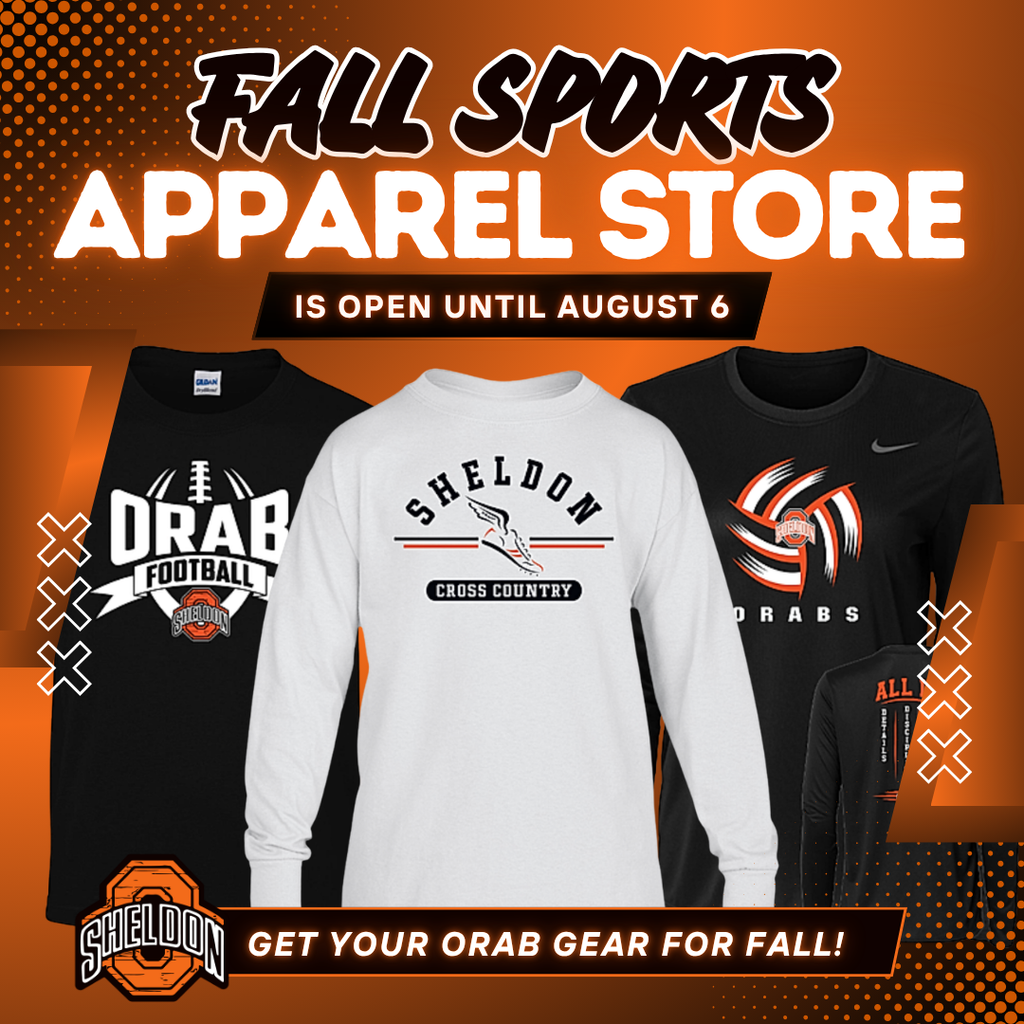 The Orab Fall Apparel Store is open until Thursday! Show your Orab pride with a great selection of apparel in a variety of styles! Let's go Orabs! https://sheldonfallsports2026.itemorder.com/shop/home/ ORDER DEADLINE: Thursday, August 6 SHIPPING: Orders will ship 4–6 weeks after the store closes