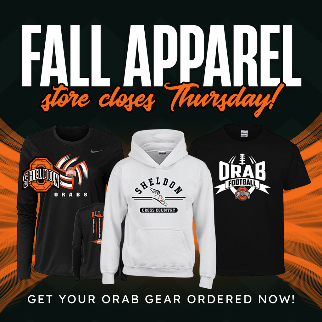 Don't miss out! The Orab Fall Apparel Store closes tomorrow! Be sure to place your order before it's too late and gear up for the new school year with your favorite Orab apparel. 🛒 Order online before the store closes tomorrow! https://sheldonfallsports2026.itemorder.com/shop/home/ ORDER DEADLINE: Thursday, August 6 - 11:59 PM SHIPPING: Orders will ship 4–6 weeks after the store closes