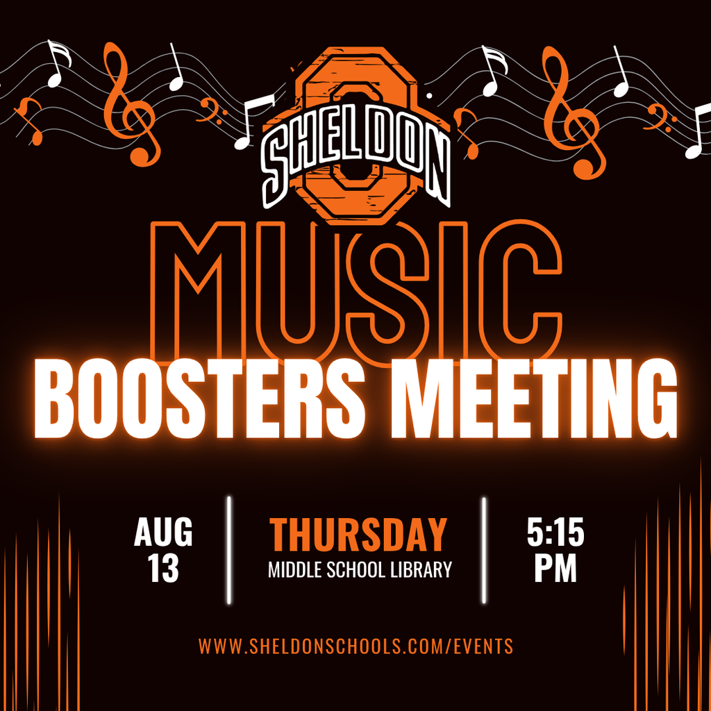 The Orab Music Boosters will be meeting tomorrow! We encourage all parents and supporters of Sheldon music students to attend. It’s a great way to stay informed, get involved, and continue supporting our amazing music programs. We hope to see you there! 📅 Thursday, August 13 ⏰ 5:15 pm 📍 Sheldon Middle School Library