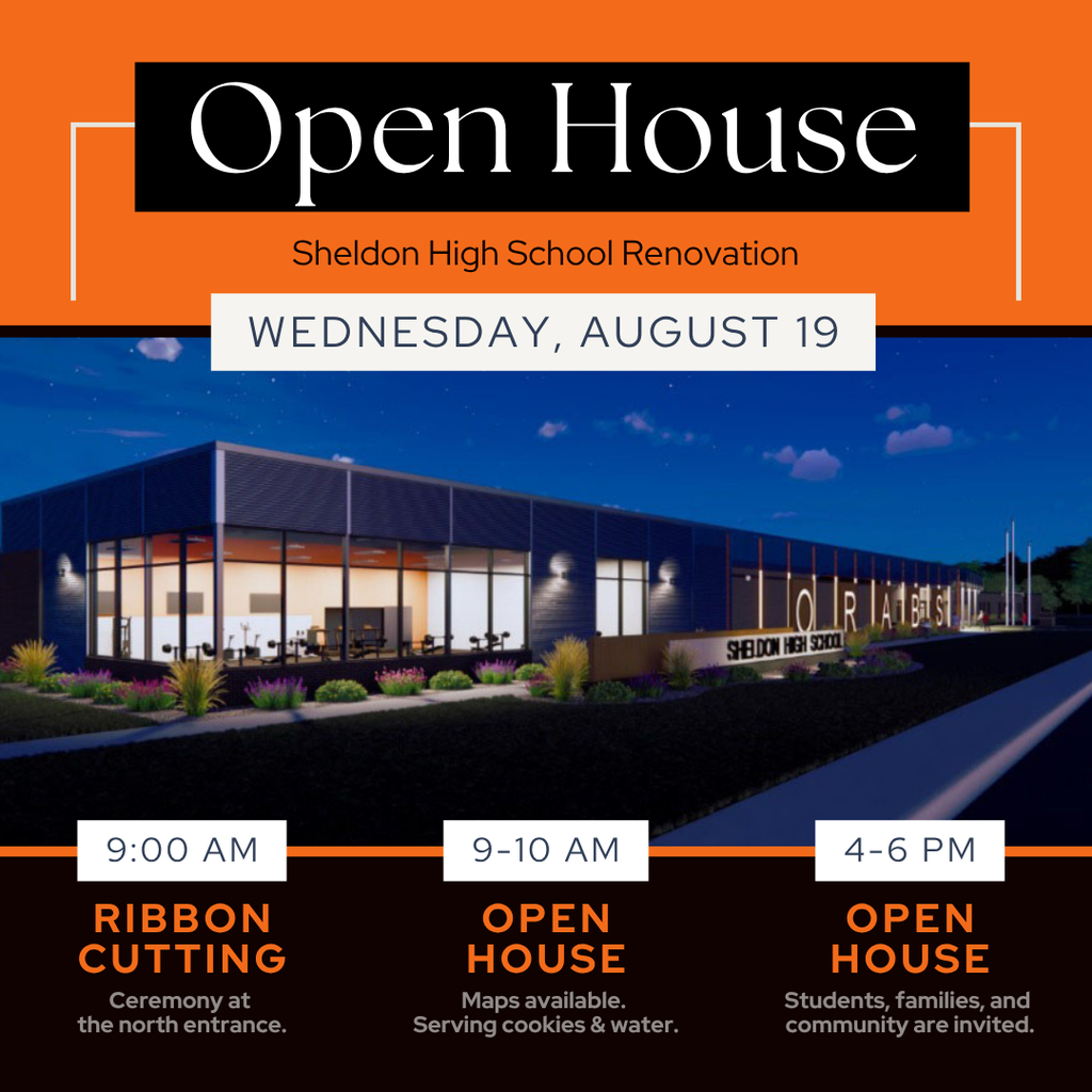 Join us as we celebrate the completion of the newly renovated Sheldon High School—a project more than two years in the making! The Sheldon Community School District invites the community to an Open House to tour the renovated high school and see the incredible updates firsthand. 📅 Wednesday, August 19 🕘 9:00-10:00 a.m. & 4:00-6:00 p.m. 📍 Sheldon High School The morning will begin with a brief ribbon-cutting ceremony at 9:00 a.m. at the north entrance, followed by self-guided tours of the building. Teachers will be in their classrooms, and high school administrators and staff will be stationed throughout the building to answer questions and help guide visitors. A second community open house will be held from 4:00-6:00 p.m. in conjunction with the district's student and family open house. This session will also feature self-guided tours of the renovated high school. Printed building maps will be available at the entrance to help guide visitors through the facility. Complimentary cookies and bottled water will be available at the new concession stand. We look forward to welcoming our community as we celebrate this exciting milestone and showcase the new learning spaces that will serve our students for years to come!