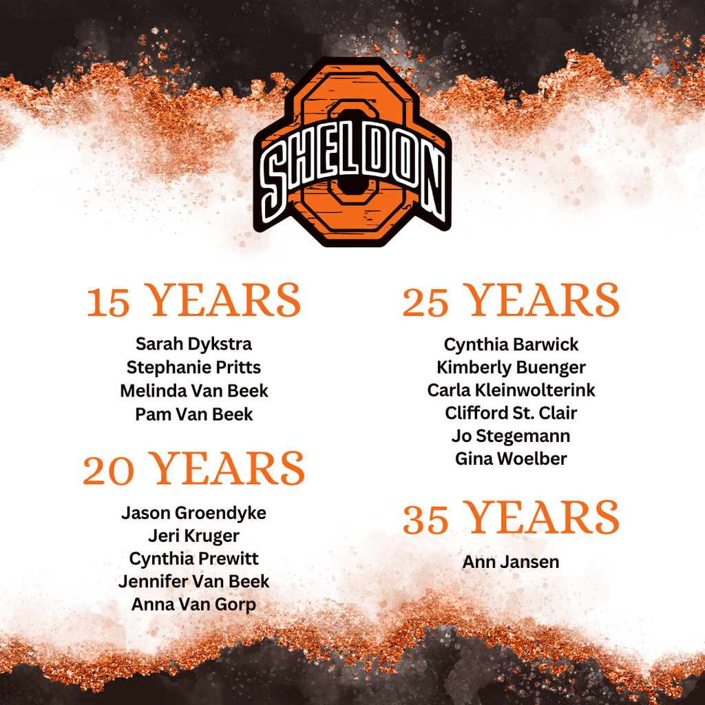 Congratulations to our Years of Service recipients at Sheldon Community School District! Thank you for your dedication, commitment, and the countless ways you make a difference in the lives of our students and our school community. We are grateful for your years of service and all that you do for Sheldon!