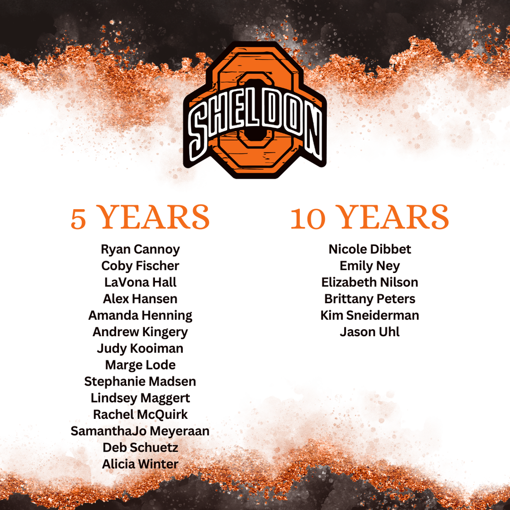 Congratulations to our Years of Service recipients at Sheldon Community School District! Thank you for your dedication, commitment, and the countless ways you make a difference in the lives of our students and our school community. We are grateful for your years of service and all that you do for Sheldon!