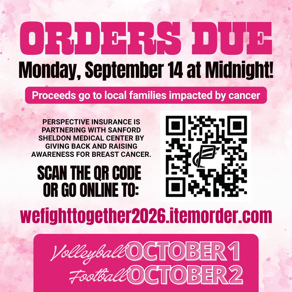 💗 ORDER YOUR PINK OUT T-SHIRT! 💗  Perspective Insurance is partnering with Sanford Sheldon Medical Center to raise awareness for breast cancer and give back to our local community. A portion of the proceeds will go directly to local families impacted by cancer.   🎀 Wear your Pink Out shirt and show your support!  🏐 Thursday, October 1 – Volleyball Sheldon vs. Boyden-Hull • Orab Gym  🏈 Friday, October 2 – Football Sheldon vs. Unity Christian • Orab Field  Let’s fill the stands with PINK and come together to support local families impacted by breast cancer! 💗  🛍️ ORDER YOUR SHIRT: 👉 wefighttogether2026.itemorder.com