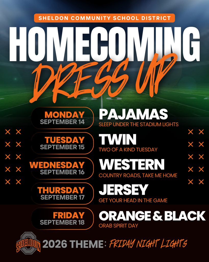 GET READY FOR HOMECOMING DRESS UP DAYS! 📅 Homecoming Week: September 14–18 🏈 Theme: Friday Night Lights Get ready to show your Orab spirit all week long! We can’t wait to celebrate homecoming, have some fun, and make great memories together! Let's go Orabs!