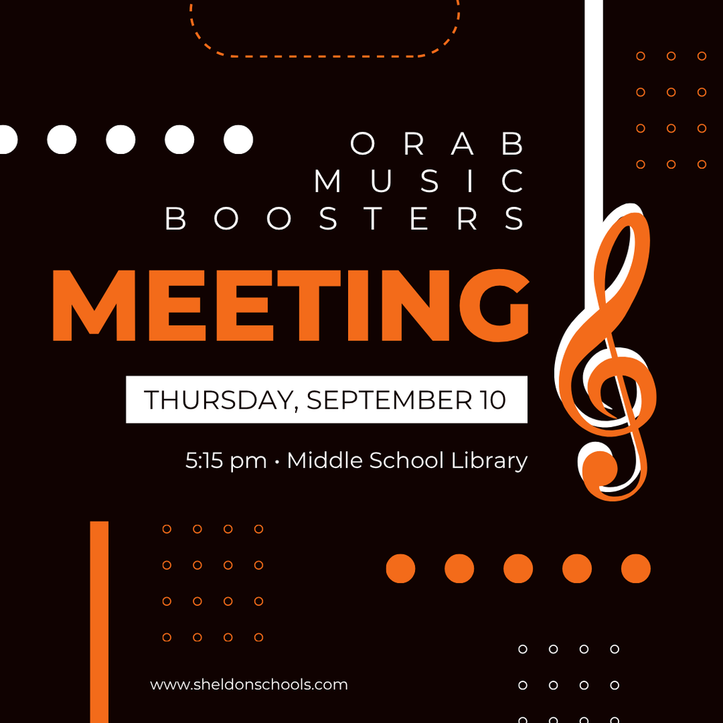 The Orab Music Boosters will be meeting Thursday! We encourage all parents and supporters of Sheldon music students to attend. It’s a great way to stay informed, get involved, and continue supporting our amazing music programs. We hope to see you there! 📅 Thursday, September 10 ⏰ 5:15 pm 📍 Sheldon Middle School Library