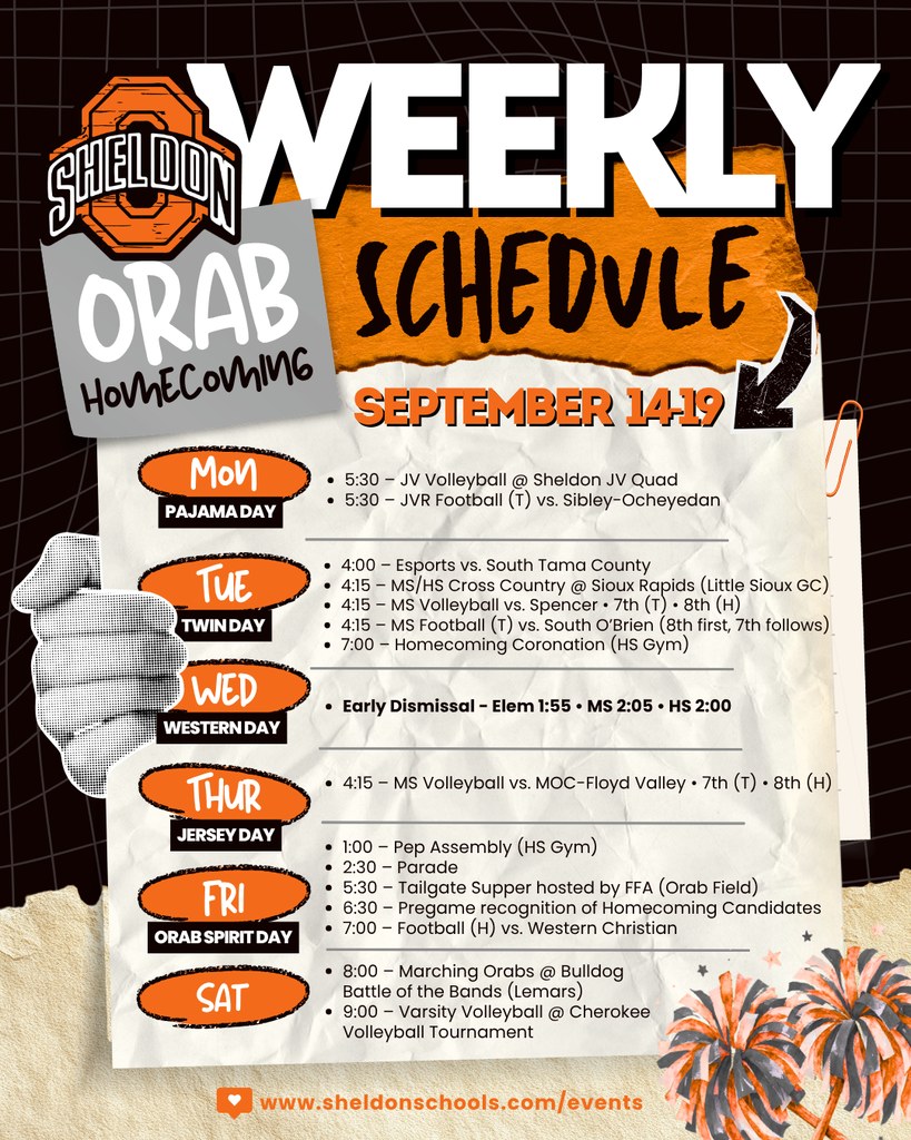  IT’S HOMECOMING WEEK, ORAB NATION!  Check out the homecoming week schedule and start planning those outfits!  Get your friends involved, show off your Orab pride, and make the most of every day leading up to the big celebration! We can't wait to celebrate with you!  Let’s fill the halls with school spirit, cheer on our Orabs, and make Homecoming 2026 one to remember!
