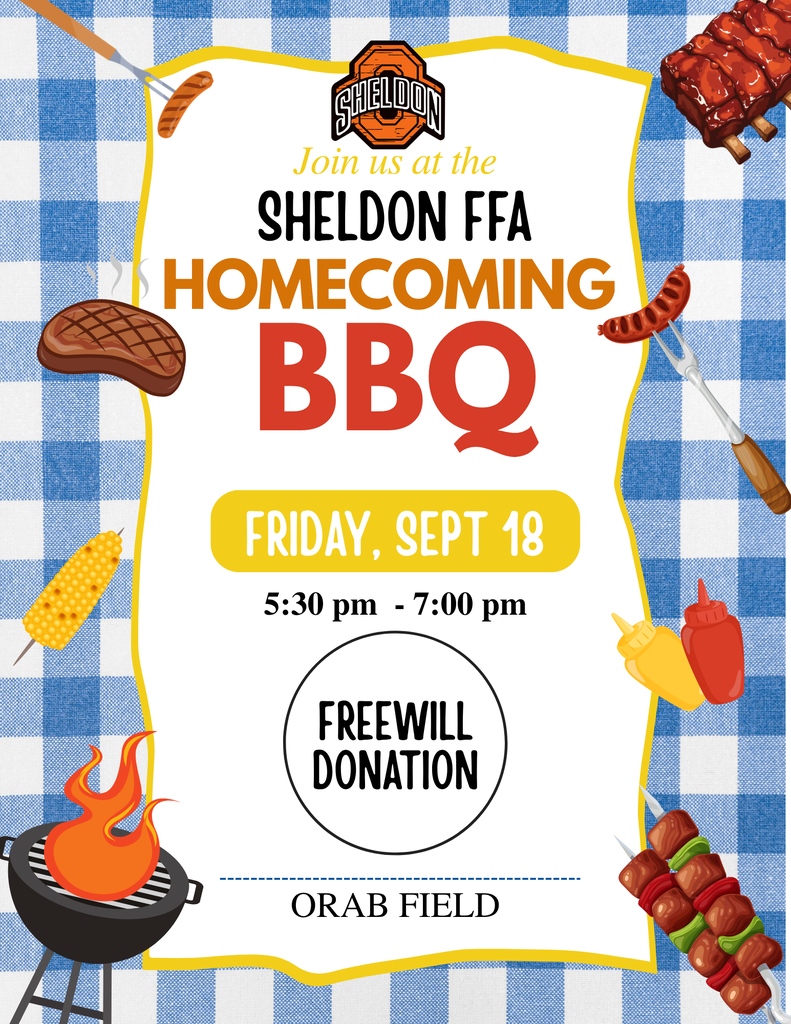 🏈 FFA TAILGATE SUPPER! 🏈  Join the Sheldon High School FFA for a Tailgate Supper before the big game! Come grab some good food, support our FFA students, and get ready to cheer on the Orabs!  📅 Friday, September 18 ⏰ 5:30–7:00 PM 📍 Orab Field  🍽️ Freewill Donation Bring your appetite and your Orab spirit! We hope to see you there!  *Image created by Sheldon High School Mass Media student Tamsyn Matus*