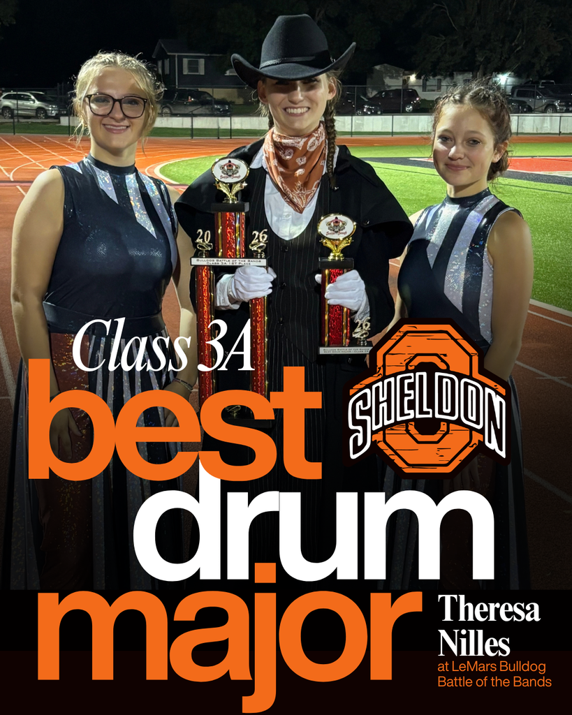 Congratulations to Sheldon High School student Theresa Nilles on an outstanding accomplishment at the Le Mars Bulldog Battle of the Bands on Saturday, September 19! Theresa was named Class 3A Best Drum Major for her incredible leadership and performance with the Marching Orabs! We are so proud of you, Theresa! Way to lead the Marching Orabs!