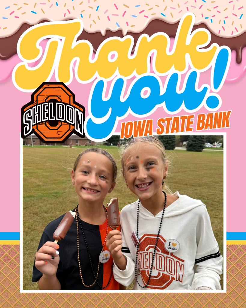 🍦 A SWEET HOMECOMING SURPRISE! 🍦 A huge thank you to Iowa State Bank for treating every Sheldon Middle School student to an ice cream bar on Friday afternoon during Homecoming! It was the perfect way to celebrate the end of a fun-filled Homecoming week and put some extra smiles on our students’ faces. We truly appreciate your generosity and support of our Orab students and school community! Thank you, Iowa State Bank, for helping make Homecoming even sweeter!