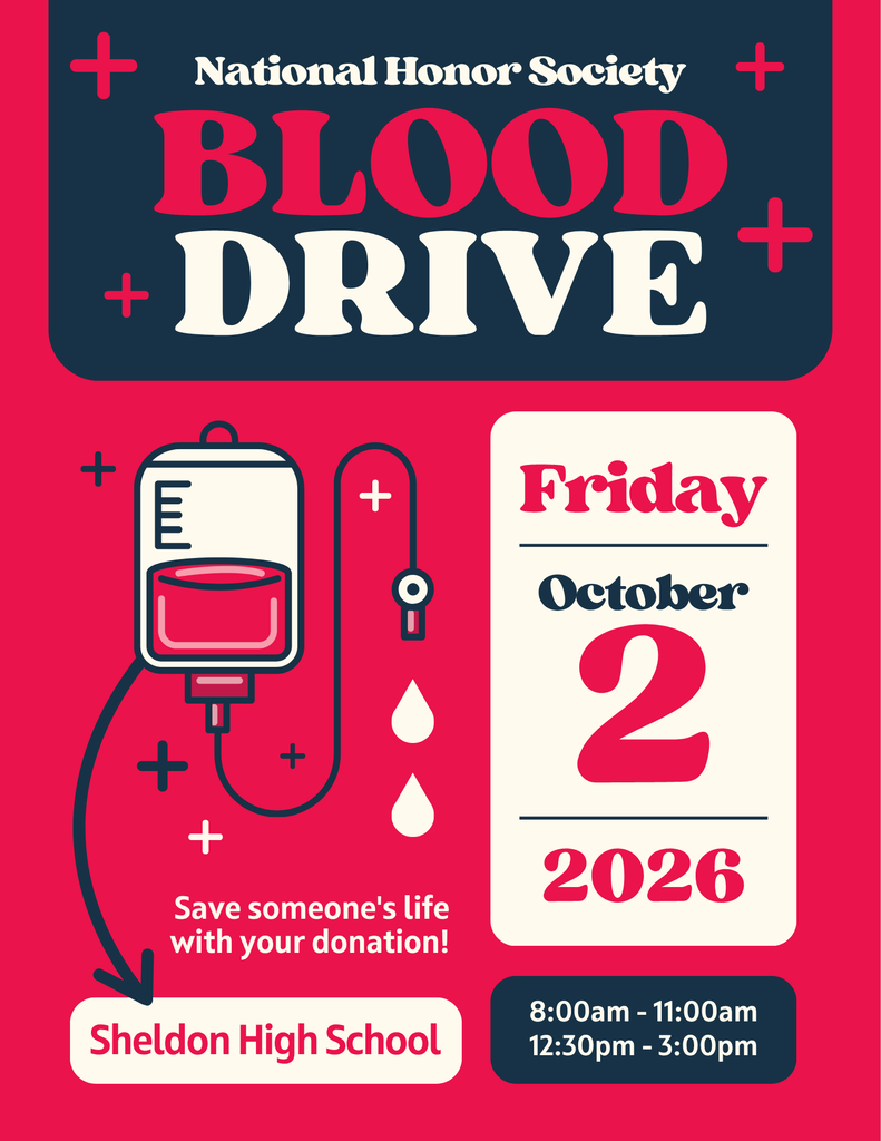 🩸 SHELDON NHS BLOOD DRIVE 🩸 📅 Friday, October 2 ⏰ 8-11 am • 12:30-3 pm 📍 Sheldon High School 📋 Donor Information: 🩸 Donors must be 17 years old 🩸 16-year-olds may donate with a parent consent form 🩸 Open to the public 📧 Want more information or interested in donating? Contact Mr. Maggert at toby.maggert@sheldonschools.com 📸 Image created by Sheldon High School Mass Media students Colten Jager, Levi Lang, and Tyler Hurlburt