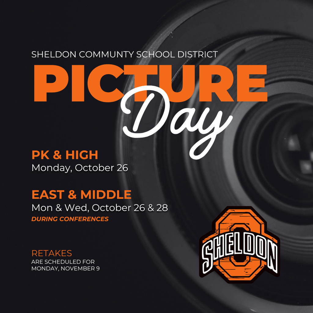 📸 SCHOOL PICTURE DAY IS COMING SOON! 📸 It’s almost time to say cheese, Orabs! School picture days are coming up at Sheldon Community School District. Get those smiles ready Orabs!! 📅 Monday, October 26 • Sheldon High School • Little Orabs Preschool 📅 Monday, October 26 & Wednesday, October 28 • East Elementary • Sheldon Middle School *Pictures will take place during Parent-Teacher Conferences