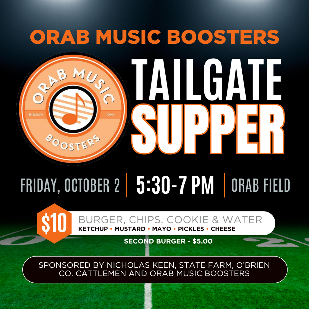 🍽️ ORAB MUSIC BOOSTERS TAILGATE SUPPER! 🧡🖤 Join us before the big game for a delicious meal and support the Orab Music Boosters! 📅 Friday, October 2 📍 Orab Field ⏰ 5:30–7:00 PM 💵 $10 per person (2nd burger $5) Grab your friends and family, fill up before kickoff, and help support Sheldon’s talented music programs! Go Orabs! #leadon #orabs #sheldonorabs #orabnation #sheldoncommunityschooldistrict #orabfield #orabmusicboosters #tailgatesupper #fridaynightlights #orabfootball