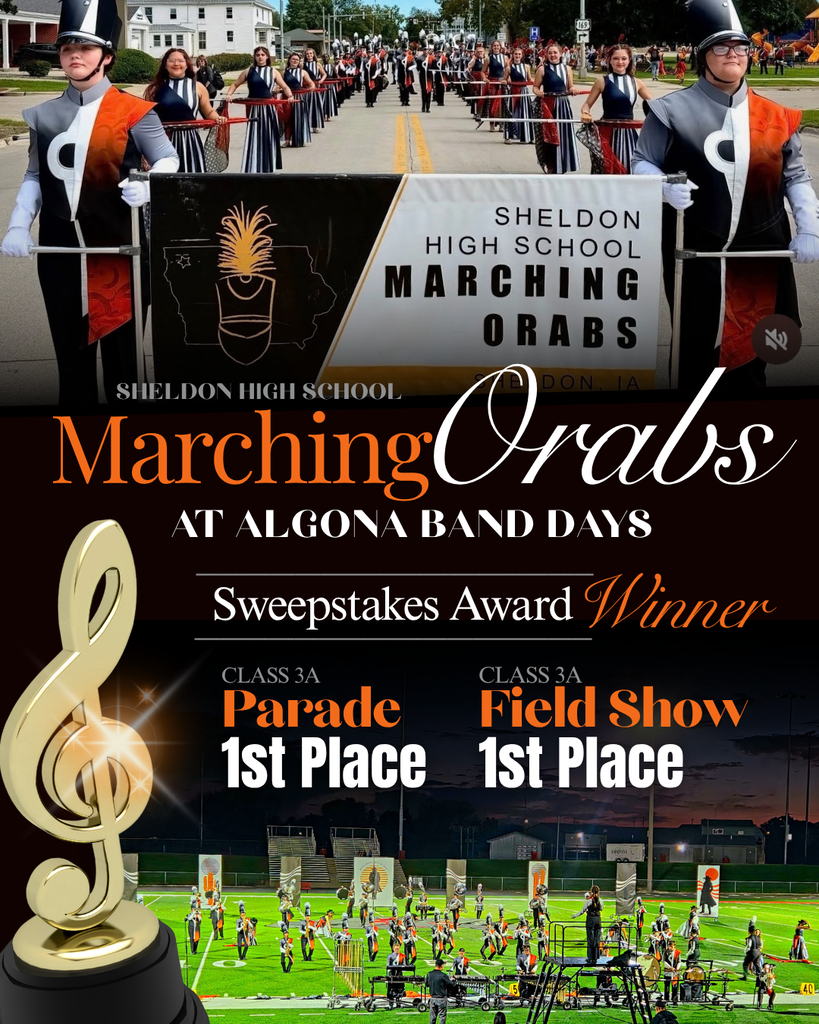 🎺🧡🖤 CONGRATULATIONS, MARCHING ORABS! 🖤🧡🎺 What an AMAZING day for the Sheldon High School Marching Orabs at Algona Band Day this past Saturday! 🏆 1st Place – 3A Parade 🏆 1st Place – 3A Field Show 🏆 Sweepstakes Award These accomplishments are a reflection of the hard work, dedication and countless hours this group has put into their season. We couldn't be more proud of the way they represented Orab Nation! Congratulations, Marching Orabs, on an incredible day!