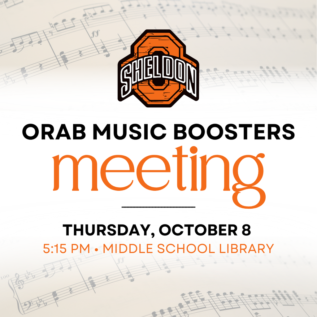 The Orab Music Boosters will be meeting Thursday! We encourage all parents and supporters of Sheldon music students to attend. It’s a great way to stay informed, get involved, and continue supporting our amazing music programs. We hope to see you there! 📅 Thursday, October 8 ⏰ 5:15 pm 📍 Sheldon Middle School Library