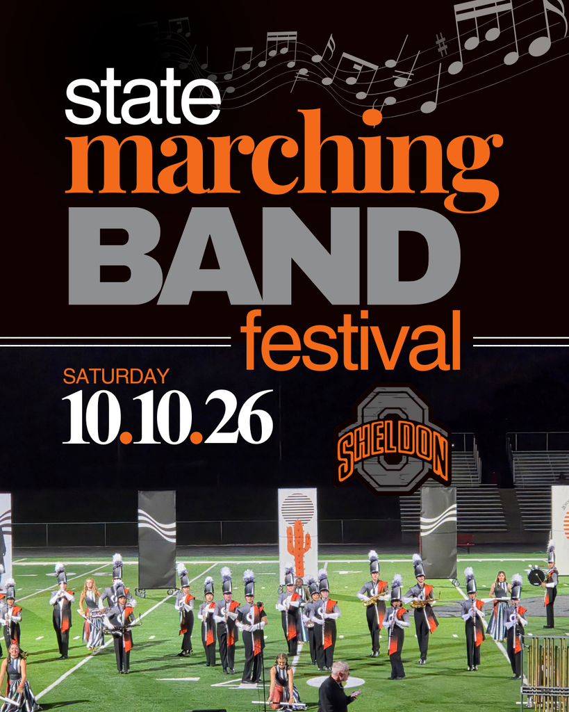 STATE MARCHING BAND FESTIVAL – THIS SATURDAY! Sheldon is proud to host the State Marching Band Festival tomorrow! Come out and enjoy an exciting day of incredible performances as marching bands take the field and showcase their hard work, talent, and dedication. 📍 Orab Field – Sheldon, Iowa 📅 Saturday, October 10 We look forward to welcoming bands, families, and fans to Sheldon for a great day of music and school spirit! Good luck to all the participating bands, and Go Orabs! 📸 Schedule images were created by Sheldon High School student Jordan Verburg as part of our Mass Media program.