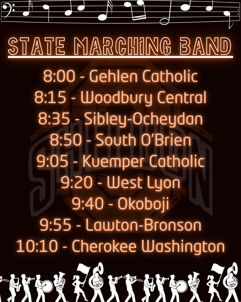 STATE MARCHING BAND FESTIVAL – THIS SATURDAY! Sheldon is proud to host the State Marching Band Festival tomorrow! Come out and enjoy an exciting day of incredible performances as marching bands take the field and showcase their hard work, talent, and dedication. 📍 Orab Field – Sheldon, Iowa 📅 Saturday, October 10 We look forward to welcoming bands, families, and fans to Sheldon for a great day of music and school spirit! Good luck to all the participating bands, and Go Orabs! 📸 Schedule images were created by Sheldon High School student Jordan Verburg as part of our Mass Media program.
