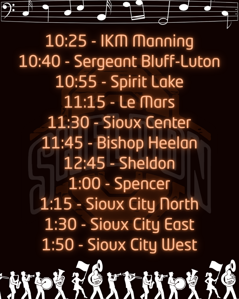 STATE MARCHING BAND FESTIVAL – THIS SATURDAY! Sheldon is proud to host the State Marching Band Festival tomorrow! Come out and enjoy an exciting day of incredible performances as marching bands take the field and showcase their hard work, talent, and dedication. 📍 Orab Field – Sheldon, Iowa 📅 Saturday, October 10 We look forward to welcoming bands, families, and fans to Sheldon for a great day of music and school spirit! Good luck to all the participating bands, and Go Orabs! 📸 Schedule images were created by Sheldon High School student Jordan Verburg as part of our Mass Media program.