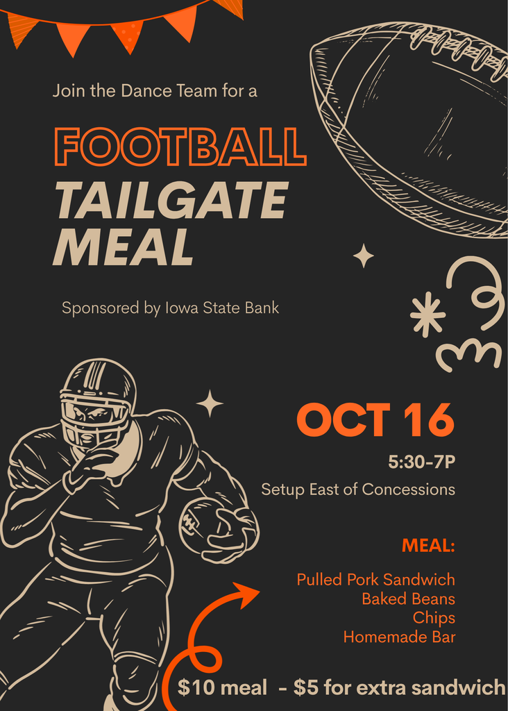 JOIN THE ORAB DANCE TEAM FOR A TAILGATE MEAL!  📅 Friday, October 16 ⏰  5:30-7 pm 📍 Orab Field 🤝 Sponsored by Iowa State Bank  Grab a pulled pork sandwich meal, show your support for our dance team, and get ready to cheer on the Orabs! We appreciate Iowa State Bank for sponsoring this meal and supporting our students!