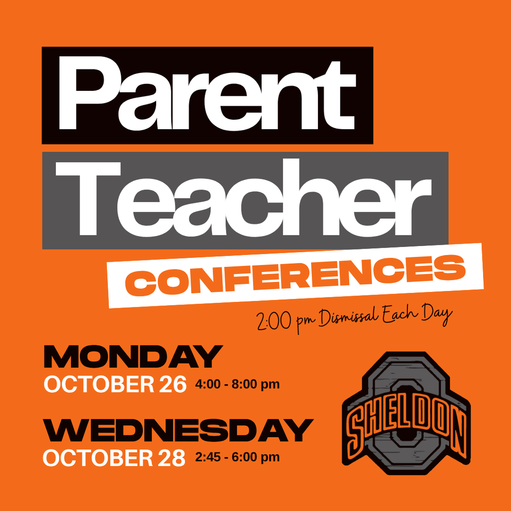 Fall Parent-Teacher Conferences are right around the corner! Mark your calendars for the following dates and times:  📅 Monday, October 26 | 4:00–8:00 PM 📅 Wednesday, October 28 | 2:45–6:00 PM  ⏰ Reminder: School will dismiss at 2:00 PM on both days. We look forward to connecting with our families and celebrating student progress!  #leadon #orabs #sheldonorabs #orabnation #sheldoncommunityschooldistrict #parentteacherconference #sheldonhighschool #sheldonmiddleschool #sheldoneastelementary 