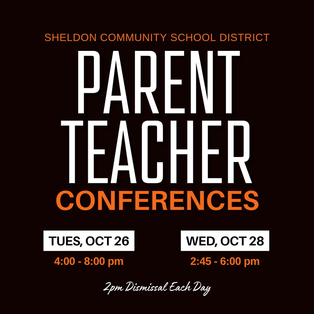 Fall Parent-Teacher Conferences are right around the corner! Mark your calendars for the following dates and times: 📅 Monday, October 26 | 4:00–8:00 PM 📅 Wednesday, October 28 | 2:45–6:00 PM ⏰ Reminder: School will dismiss at 2:00 PM on both days. We look forward to connecting with our families and celebrating student progress! #leadon #orabs #sheldonorabs #orabnation #sheldoncommunityschooldistrict #parentteacherconference #sheldonhighschool #sheldonmiddleschool #sheldoneastelementary