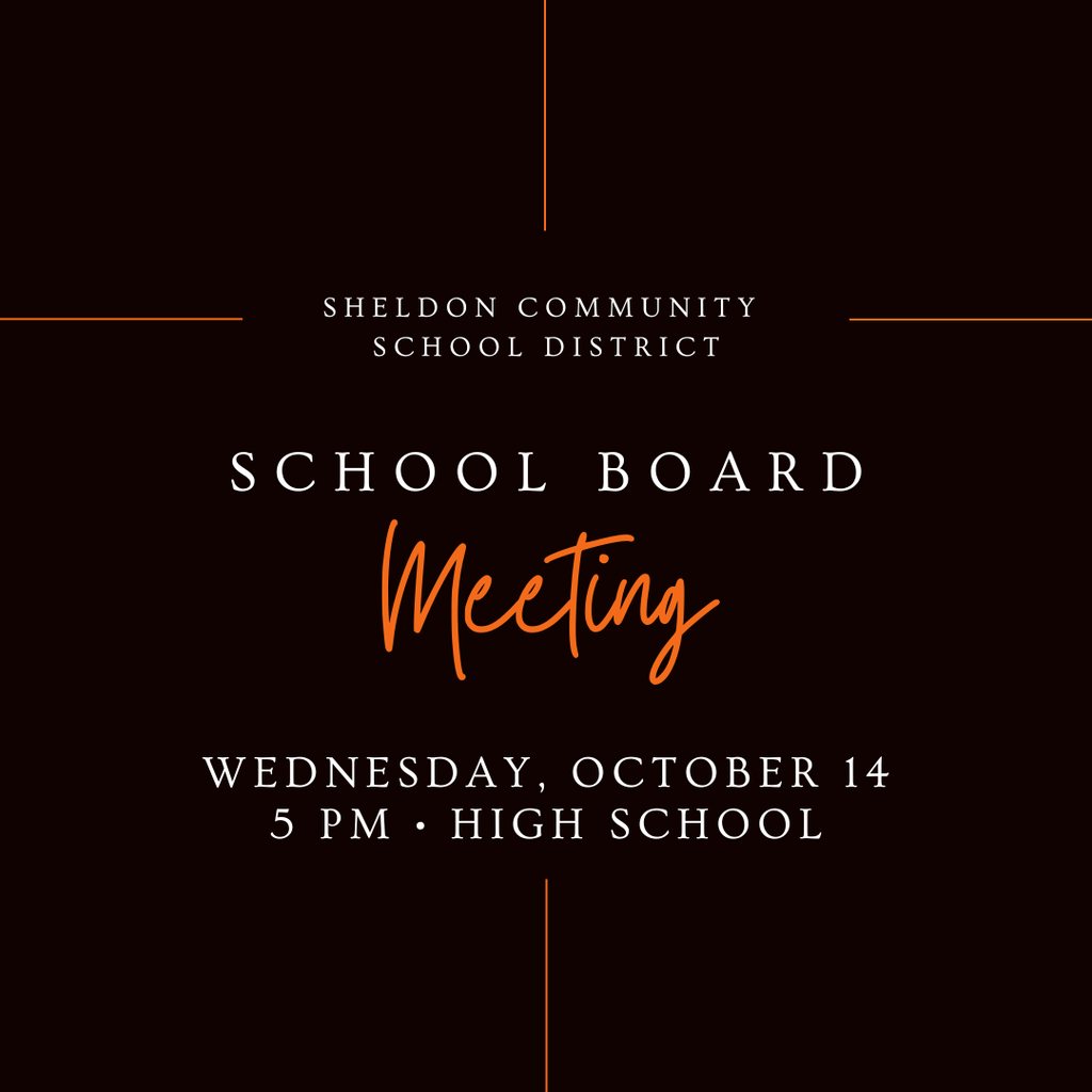 The Sheldon School Board will hold its regular monthly meeting tomorrow. Community members are welcome and encouraged to attend to stay informed and engaged with what’s happening in our schools. 📅 Wednesday, October 14 ⏰ 5:00 pm 📍 Sheldon High School Board Room